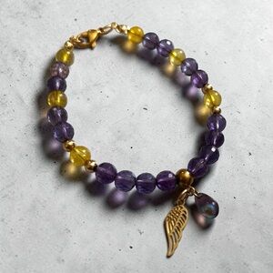 Amethyst and Citrine bracelet with gold Angel Wing Charm